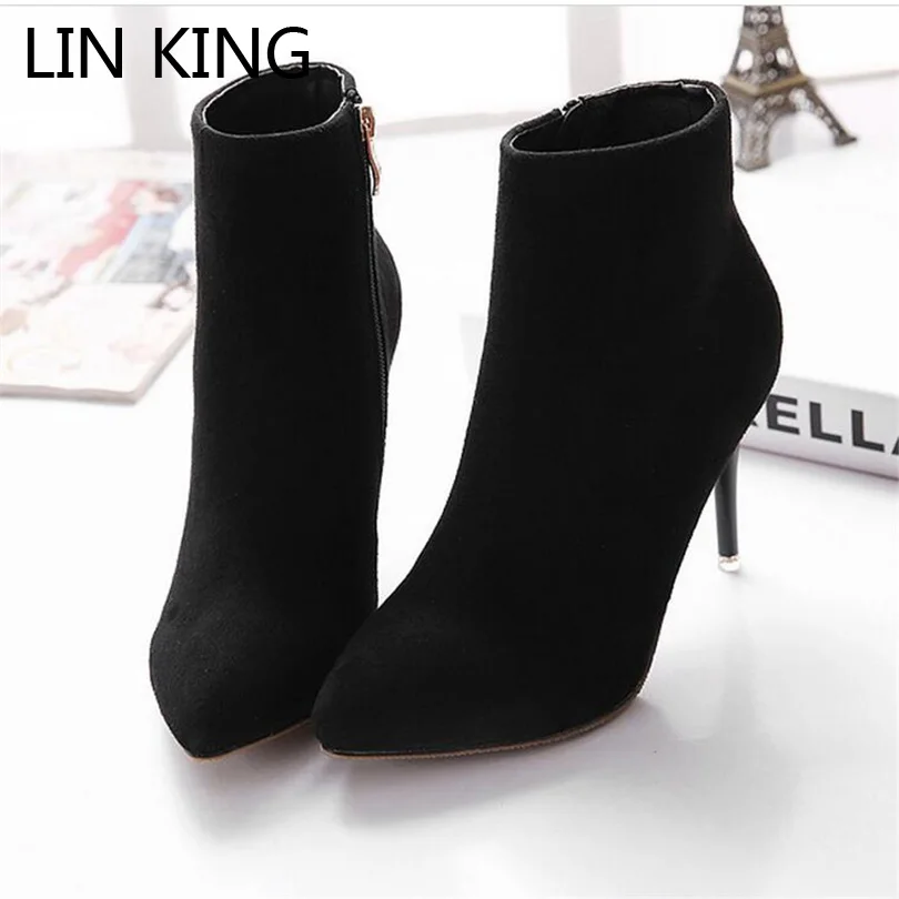 

LIN KING Women Boots Winter Nubuck Leather High Heels Short Ankle Thin Heel Sexy Female Boots OL Dress Wedding Party Shoes