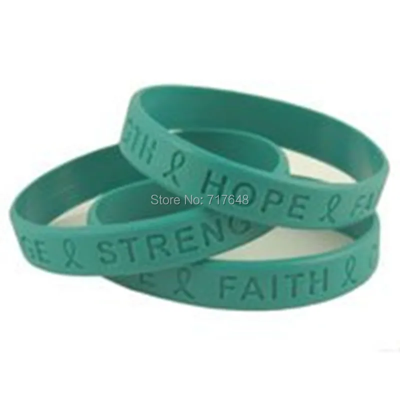 100pcs Hope Faith Strength Courage Teal Awareness wristband silicone bracelets free shipping by epacket A