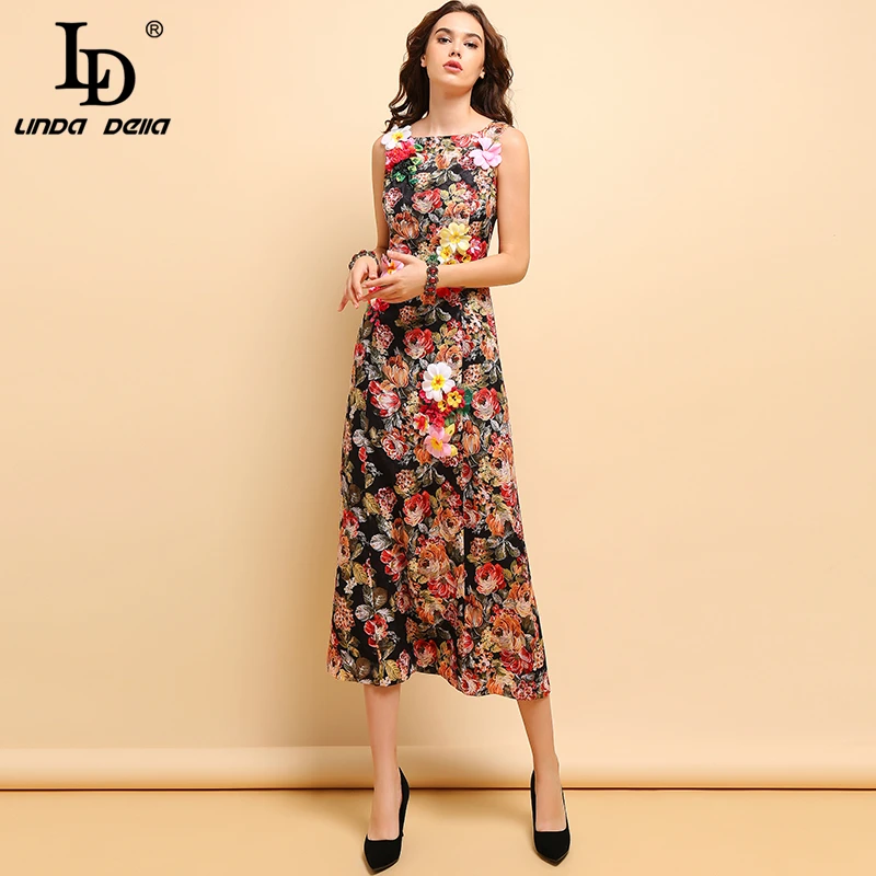

LD LINDA DELLA Fashion Runway Summer Dress Women's Sleeveless Gorgeous Floral Printed Appliques Vintage Holiday Midi Dresses