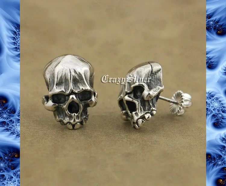 Cool Knight's Individuality Punk Rock Retro Skull Stud Earrings Men Solid 925 Sterling Silver TA40