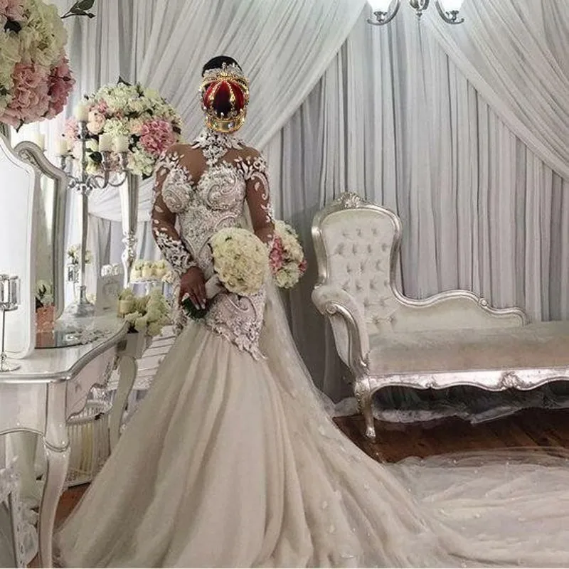 Дубайское вечернее платье с рукавами пикантные хрустальные бусины 3D Цветочные Свадебные платья с аппликацией пуговицы великолепные свадебные платья-Русалка
