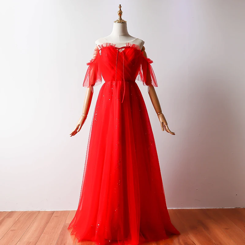 

Wedding Guest Dress Long Prom Dress Red A-Line V-neck Dress Bridesmaid Sequined Empire Back of Bandage