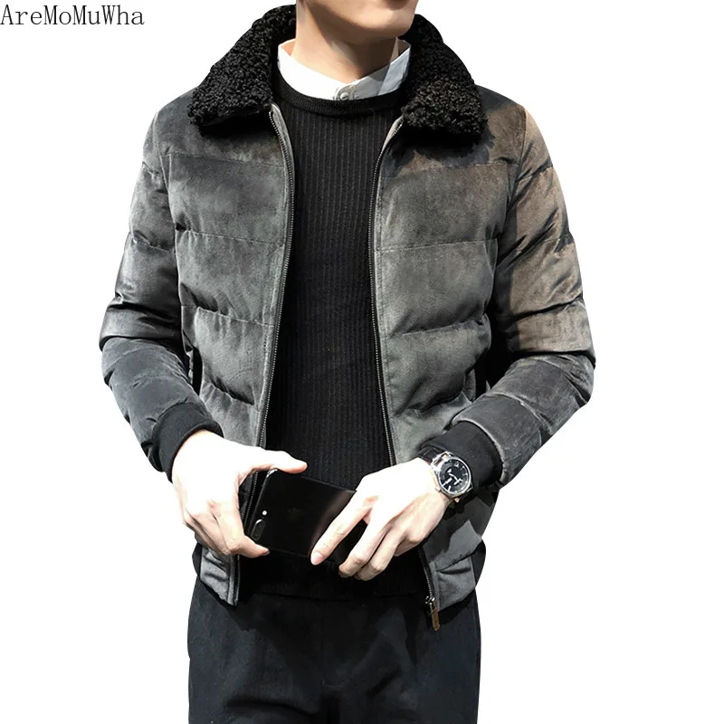 

AreMoMuWha 2018 Winter New Thick Cotton Clothing Men's Short Tide Coat Jacket Plus Velvet Slim Fur Collar Handsome Men Clothes