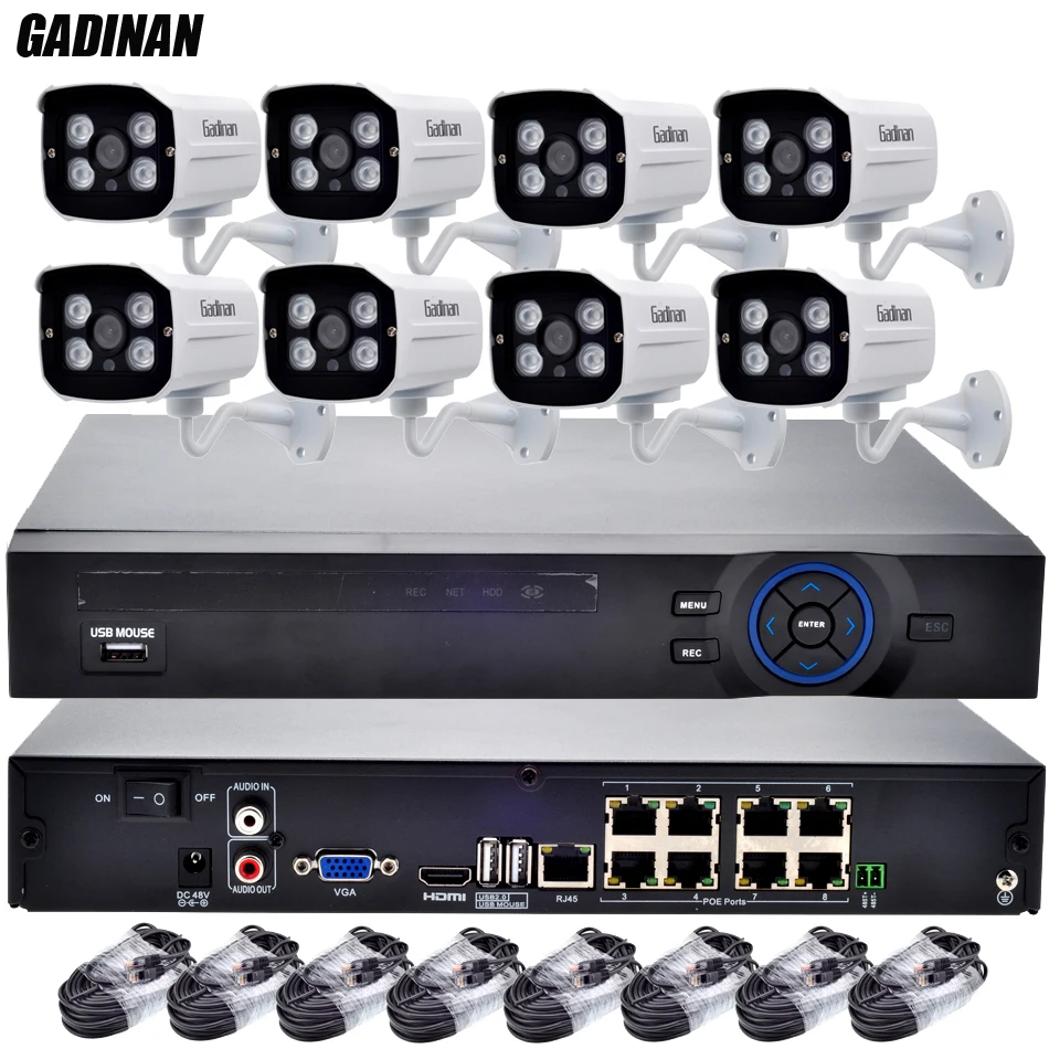 GADINAN 48V 8CH PoE Network NVR IEEE802.3af+8PCS 1080P Waterproof PoE