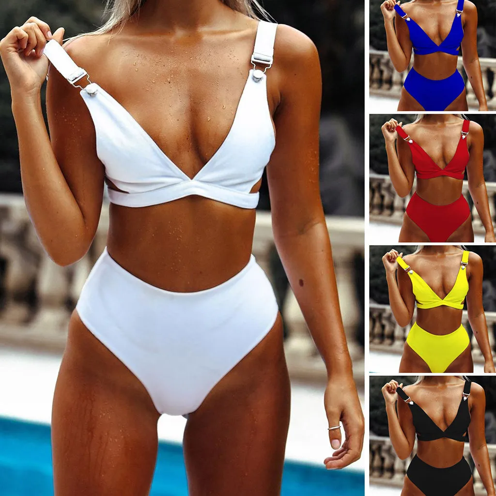 

Women's 5 Colors High Waist Bandage Solid Bikini Push-up Padded Hollow Swimsuit Deep V Neck Bathing Set Monokini Summer Swimwear