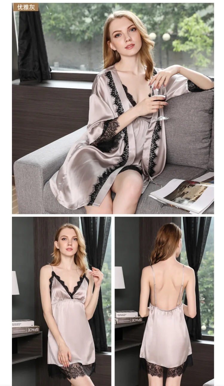 Mancha de Seda Homewear Robe Grupo Mulheres Rosa Azul Cinza Lace Stain Silk Pijamas Vestido Define Dois Peças 100% 7 Coj. de roupão e penhoar