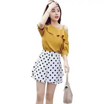 

Summer Women Fashion Elegant Sets Female Polka Dot Mini Shorts And Solid Tops Tracksuit Ladies Vintage Sweet Two Piece Set F113