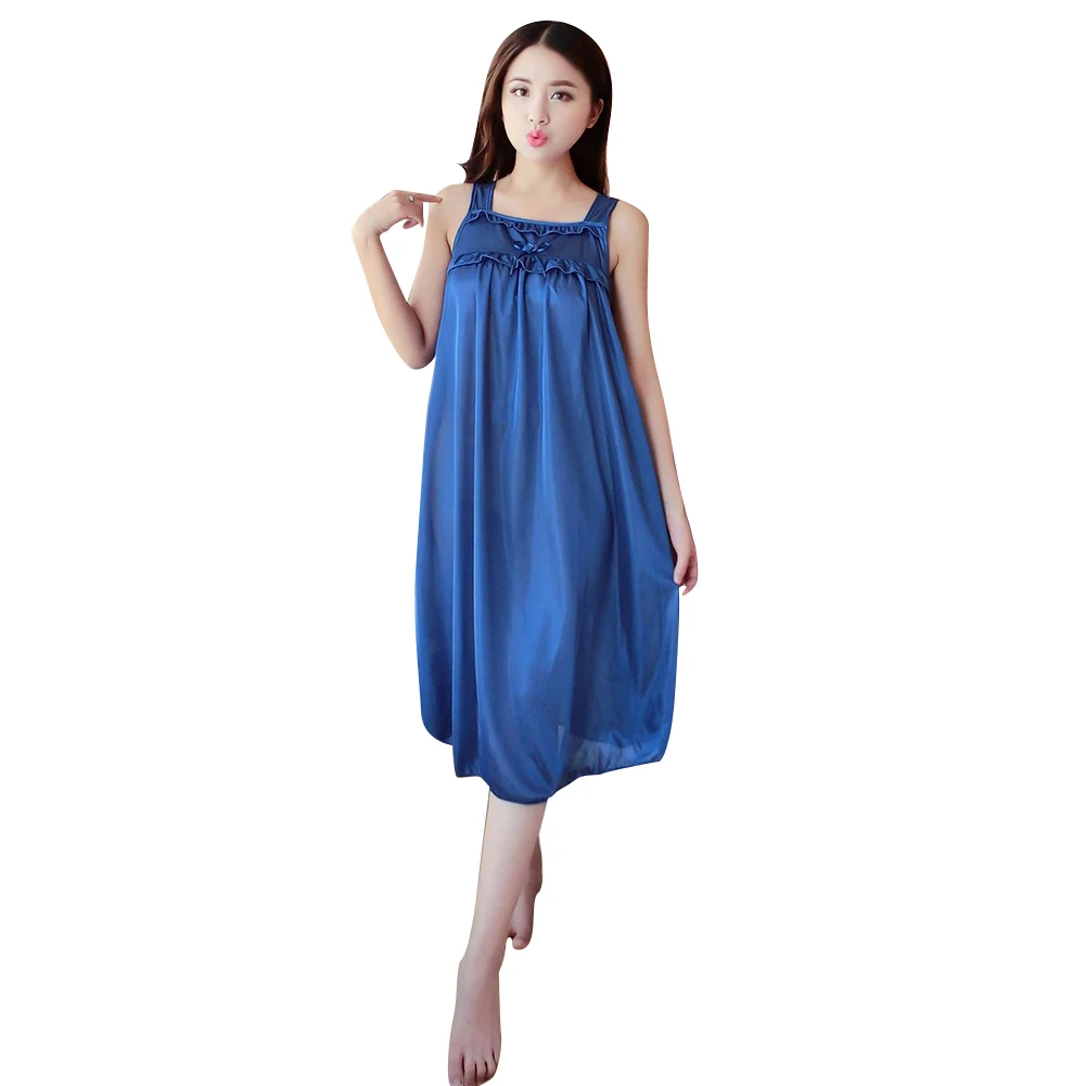 Сексуальная женская летняя одноцветная Ночная рубашка без рукавов с бантом, ночная рубашка, свободная Пижама, шелковая дышащая ночная рубашка - Цвет: Dark Blue