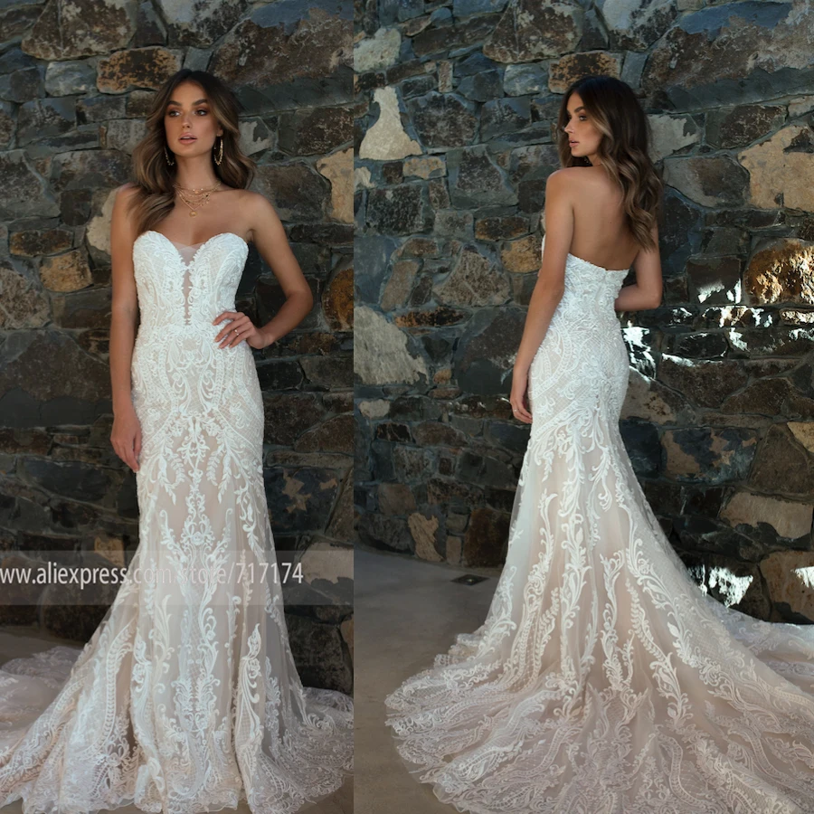 

Sweetheart Tulle Neckline Sleeveless Mermaid Wedding Dress with Lace Applique Backless Sweep Train Bridal Dress