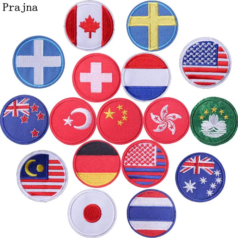 

Prajna Round National Flag Patches Iron On Embroidery America Canada Stickers On Patches For Clothing Applique DIY T-shirt Decor