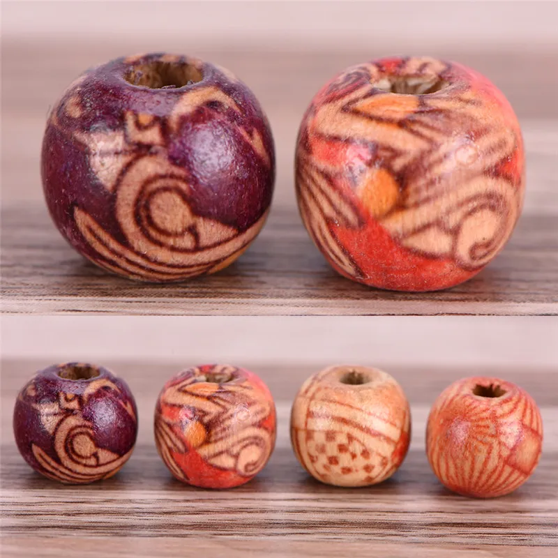 100PCs Wood Beads Mix Drum Pattern Wooden Beads Big Hole Beads Fit Charm Bracelet DIY For Jewelry Bracelet Necklace Making 10mm