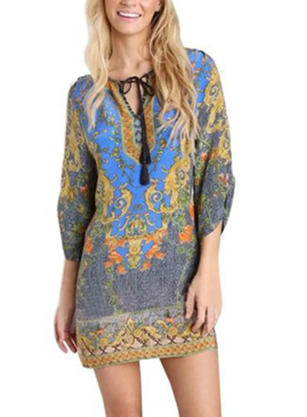 Women Bohemian Neck Tie Floral Print Ethnic Style Casual Shift Dress RWC1001 | Женская одежда