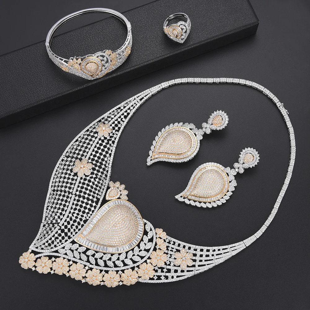 

Women Waterdrop Hollow Ethiopian Jewelry Sets CZ Nigerian African Dubai Wedding Necklace Earrings Bracelet Ring Jewelry Set