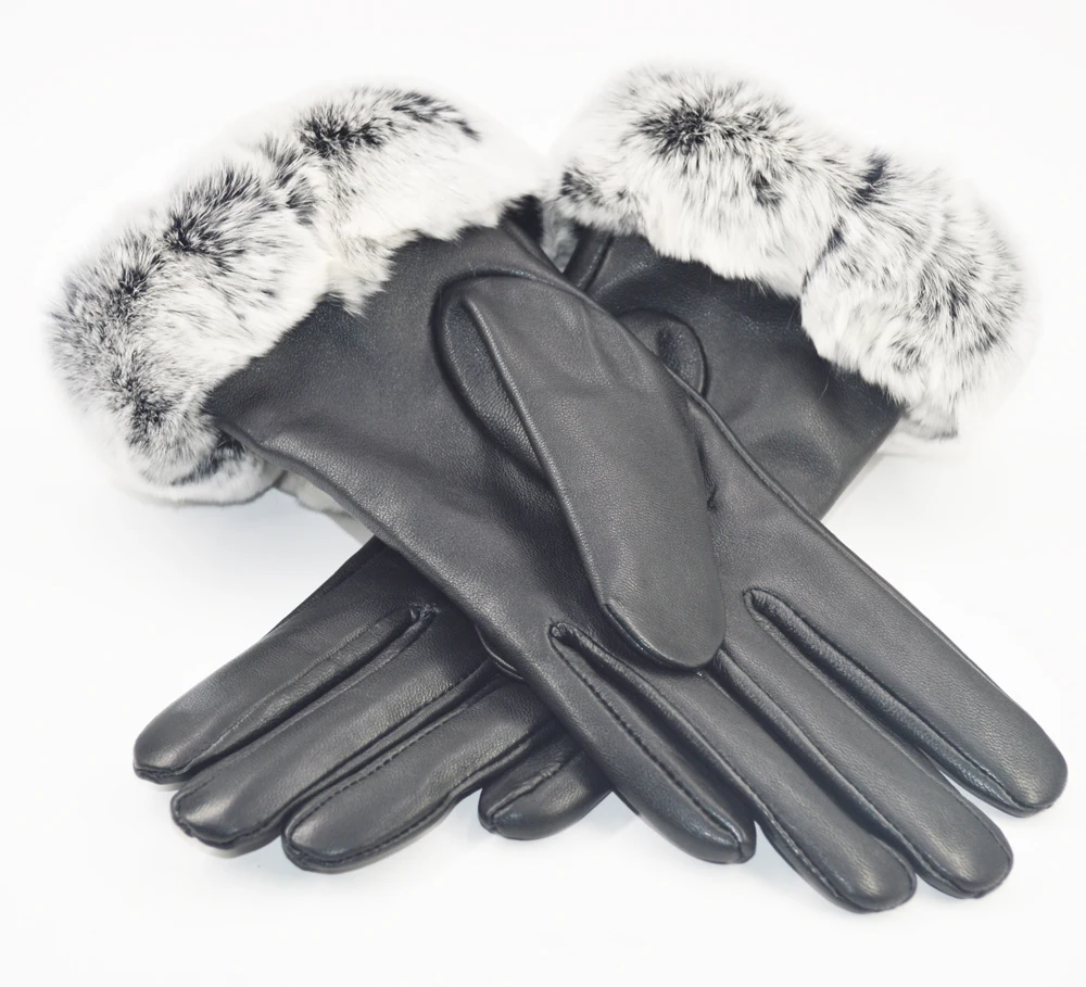 Real Rex Rabbit fur Leather Gloves Women Black Sheepskin Genuine Leather Gloves Winter Warm Soft Sheepskin Leather Gloves