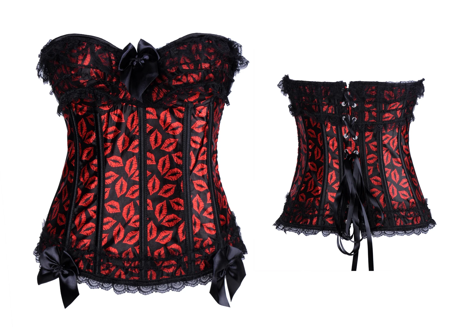 Red Lip Pattern Sexy Waist Trainer Corset Dress Women 2 Pcs Gothic Clothing Set Corsets 