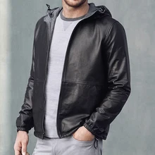 Итальянская Новинка, мужская повседневная куртка из натуральной овечьей кожи с капюшоном, мужская Тонкая Короткая куртка на весну и осень, черный и синий цвета