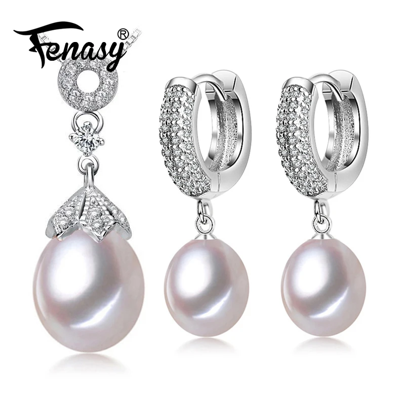 

FENASY Natural Freshwater Pearl Jewelry Sets Pearl Pendant Necklace Silver 925 Sterling Silver Earrings For Women Drop Earrings