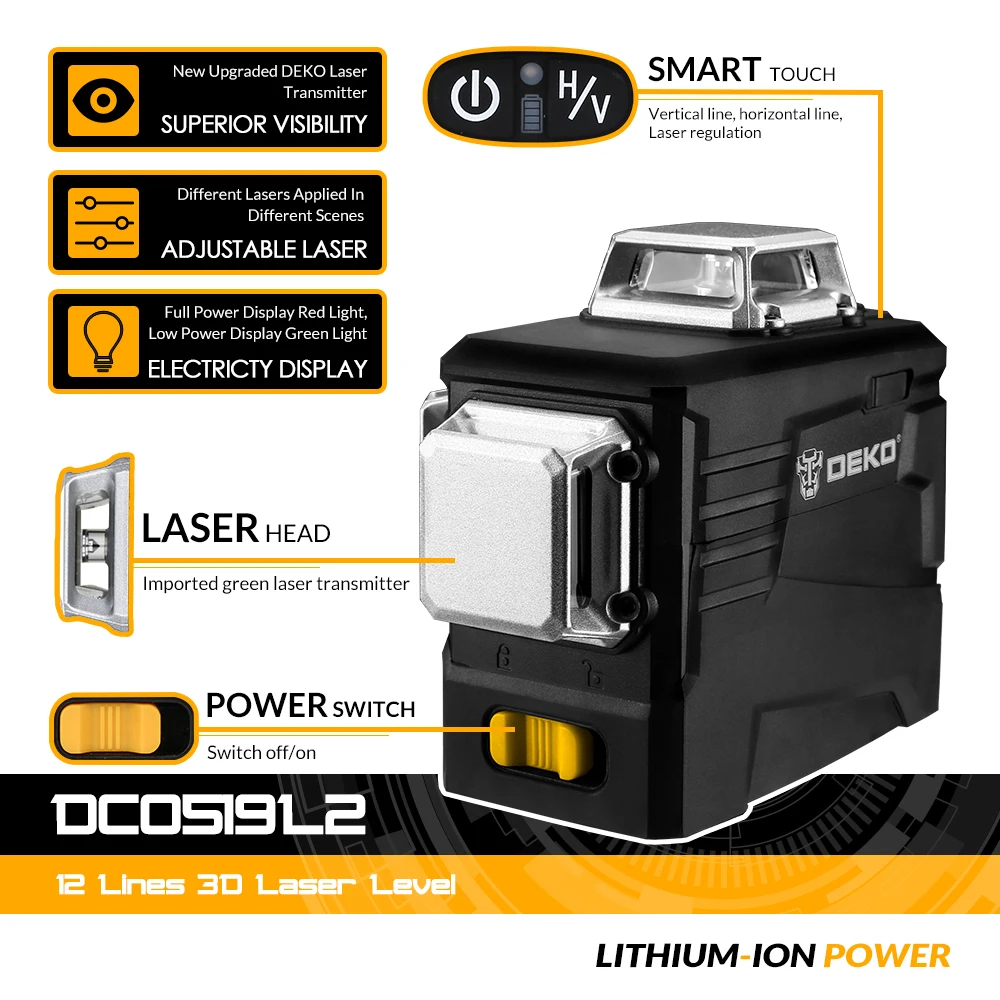 DEKO DKLLL12PB1/PB2 Series 12 Lines Green Laser Laser Level 360  Cross lines Horizontal/Vertical Auto Self-leveling Plumb Spot