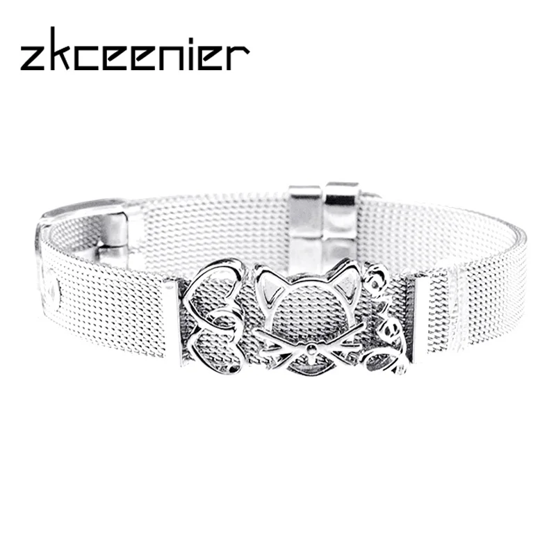

New Stainless Steel Mesh Bracelets Slide Love Heart Cute Cat Charms Bracelet for Woman Valentine's Day Gifts