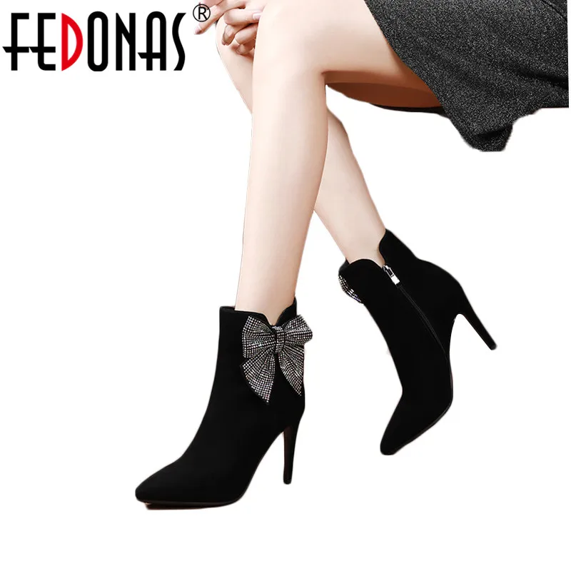 

FEDONAS New Women Ankle Boots Autumn Winter Warm Suede Leather High Heels Shoes Woman Pointed Toe Butterfly Knot Ladies Boots