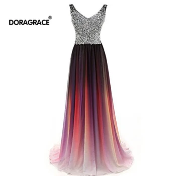 

Doragrace robe de soiree Beaded Chiffon V-Neck Sleeveless Plus Size Gradient Evening Dresses Long Prom Gowns
