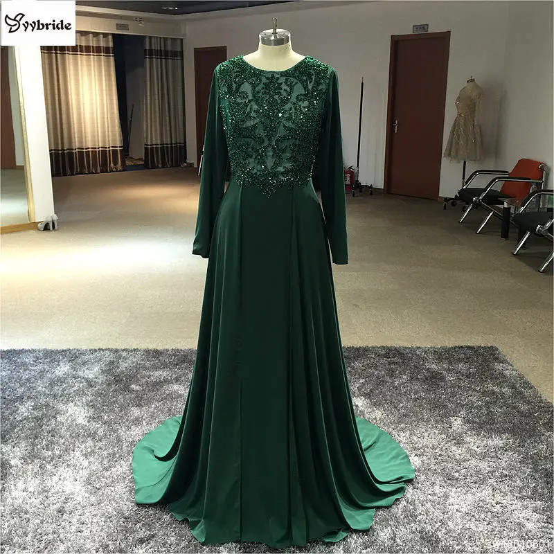 

Long Evening Dresses Surmount Sexy Fashion Party Dress Dark Green Chiffon Formal Prom Dress Long Sleeves Muslim Evening Gown