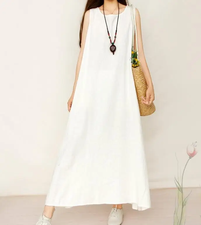 Women Boho Sleeveless Loose Cotton Linen Summer Casual Sundress A-line Dress