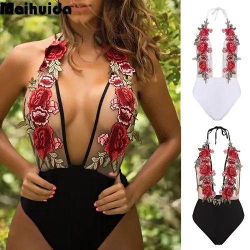 

2018 Lady Black White Floral Sexy One-Piece Swimsuit Bandage Bikini Push-up embroidered Bathing Personallity Swimwear