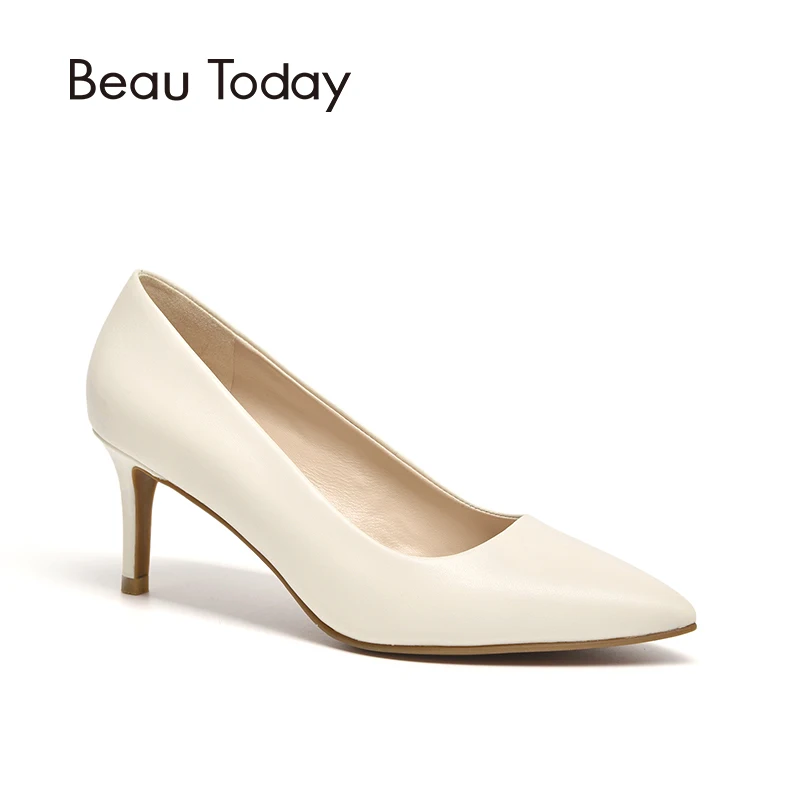 

BeauToday Women Pumps Calfskin Genuine Leather Shallow Pointed Toe High Heel Office Lady Dress Shoes Handmade 15615