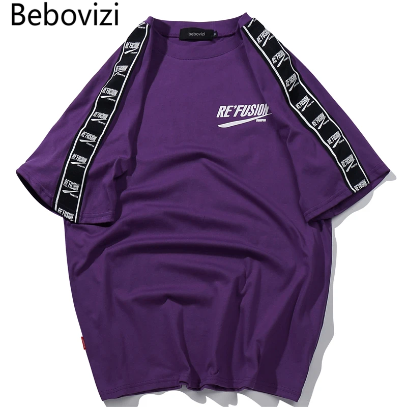 

Bebovizi Brand Hip Hop Trend Casual T Shirts Ribbon Sleeve Printed T-Shirt 2018 Summer Cotton Men Tees Streetwear Swag Tshirts