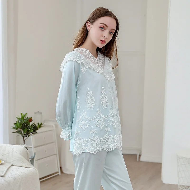 Женский вискозный Шелковый пижамный комплект, пижама с длинными рукавами, Пижамный костюм, женский комплект из двух предметов для сна, кружевная одежда