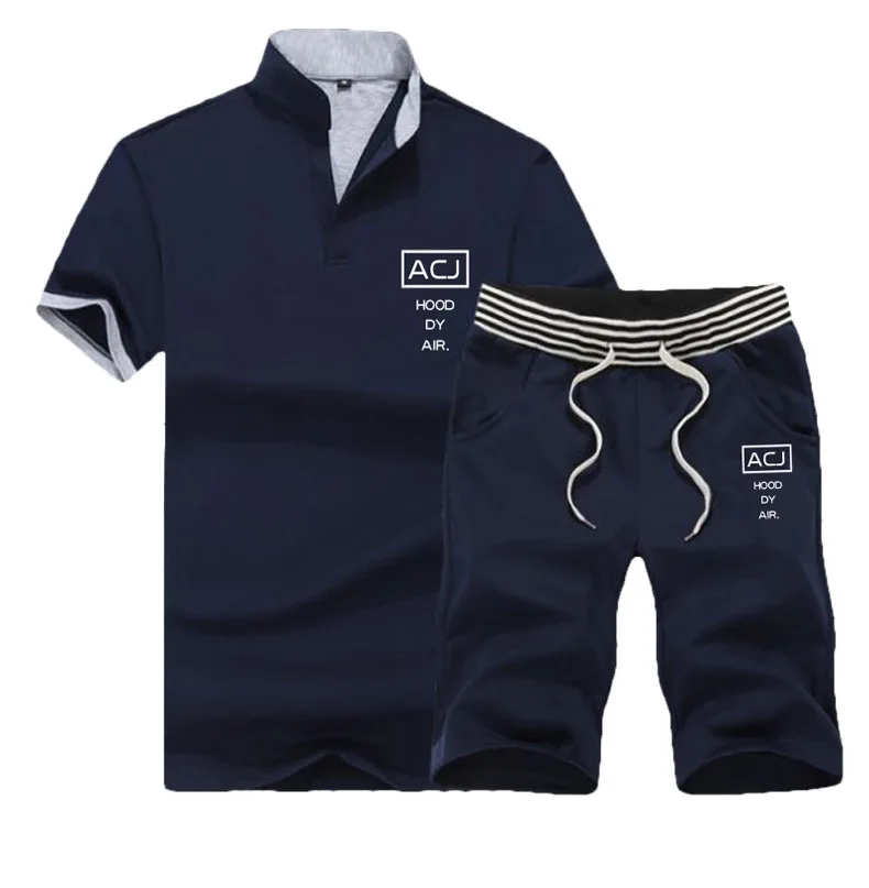 Летние мужские спортивные комплекты Спортивный костюм с коротким топом мужской повседневный спортивный костюм с коротким рукавом комплект из 2 предметов футболка+ шорты Мужская одежда 4XL - Цвет: Dark Blue EM117