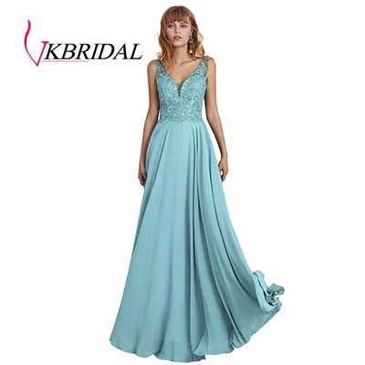 VKbridal Tank Top Lace Prom Gowns Long Deep V Neck Chiffon Bridesmaid Dresses Plus Size - Цвет: Sky Blue