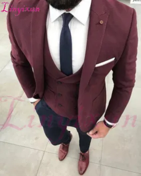 

Linyixun 3 Piece Fashionable Mens Burgundy Dinner Prom Suits Groom Tuxedos Groomsmen Wedding Blazer Suits