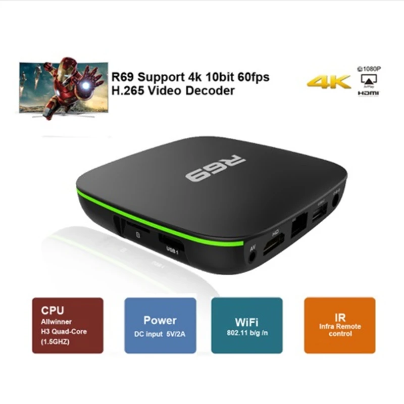 

TV Box Android 7.1 R69 Smart Set Top Box 1G8G/2G16G Allwinner H3 Quad-Core 2.4GHz WiFi 1080P HD Android TV Movies Media Player