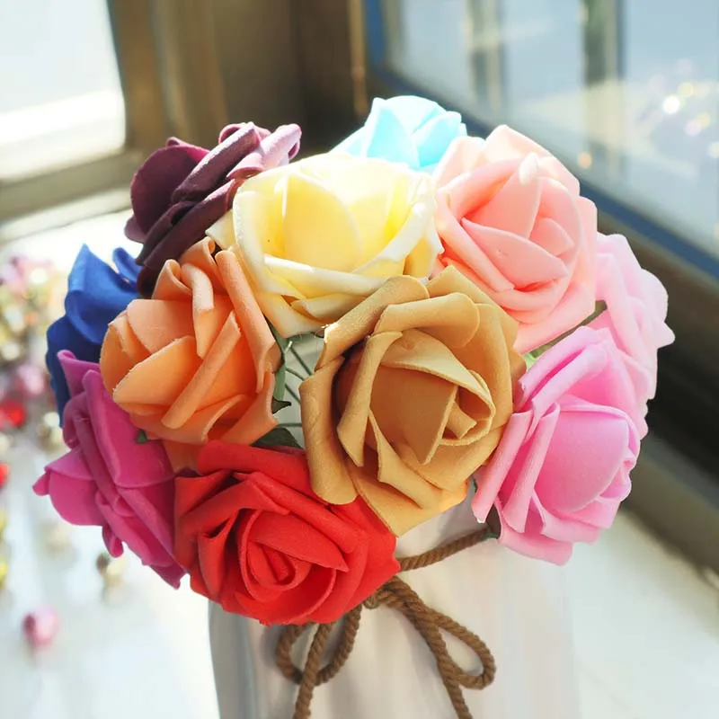 

10Pcs 4CM Artificial Rose Flowers With Green Leaves for Wedding Car Decoration Bride Bouquet DIY Decorative PE Foam Mini Flowers