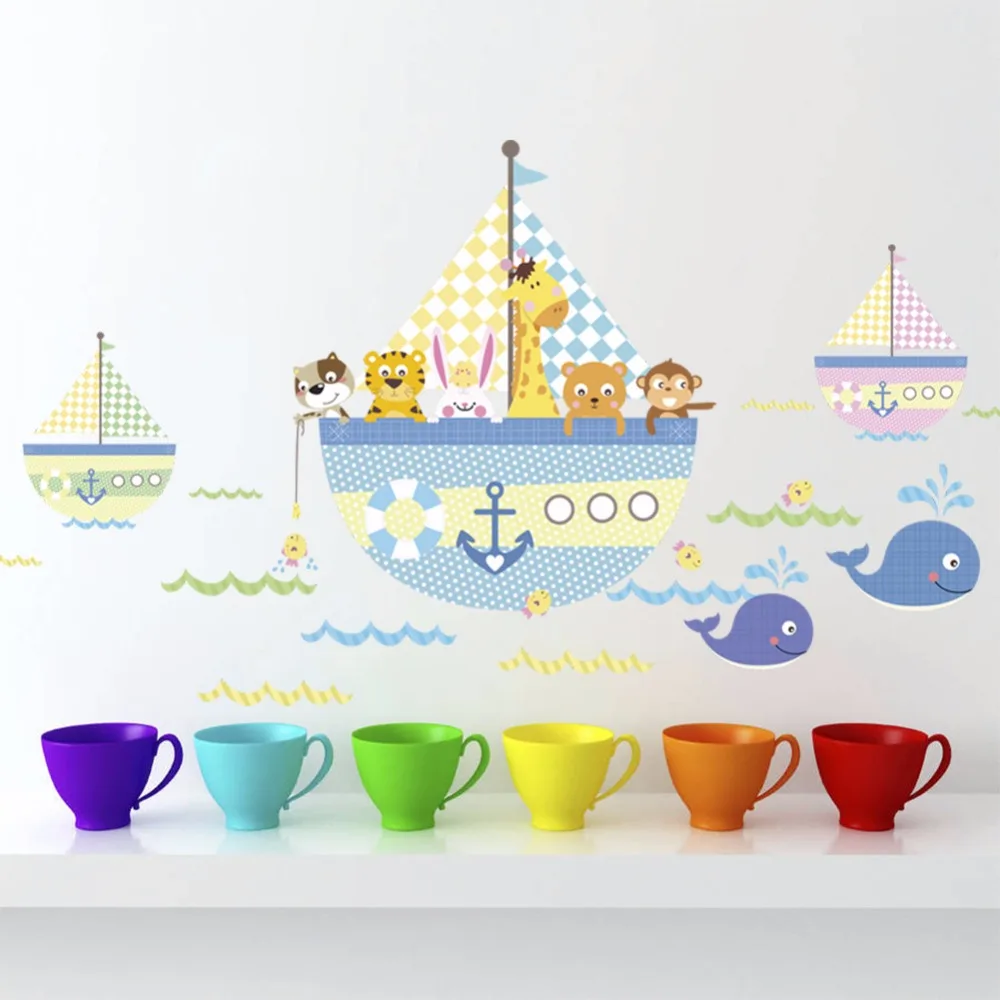 

Cute cartoon animal pirate ship PVC wall sticker for kids rooms wall decor room decoration waterproof removable