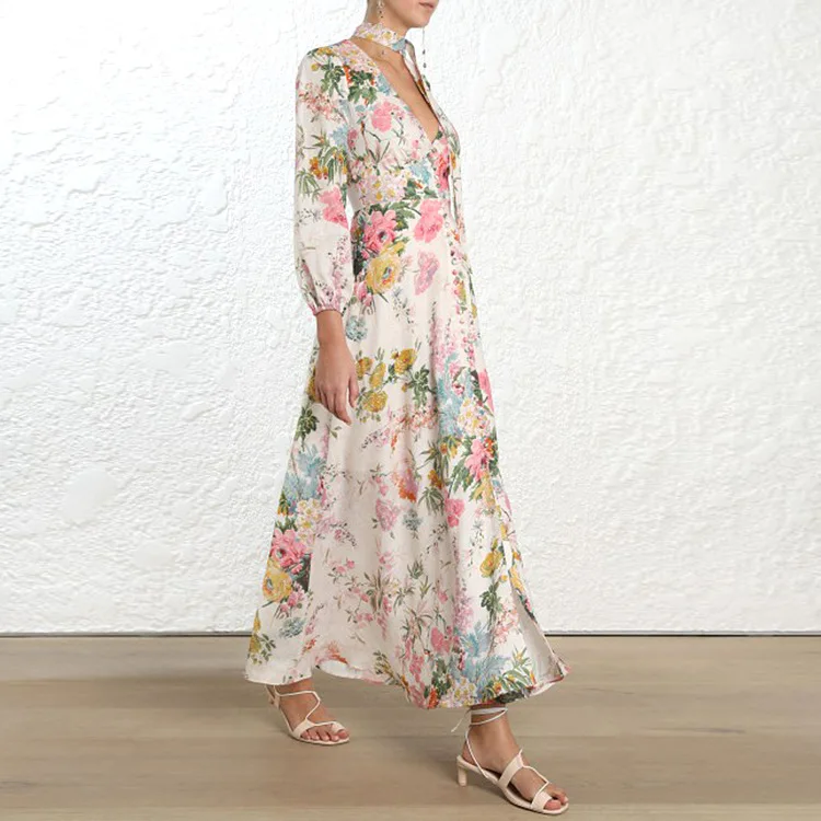 Весеннее элегантное милое Плиссированное длинное платье с v-образным вырезом и рукавом-фонариком с цветочным принтом женское Хлопковое платье макси высокого качества