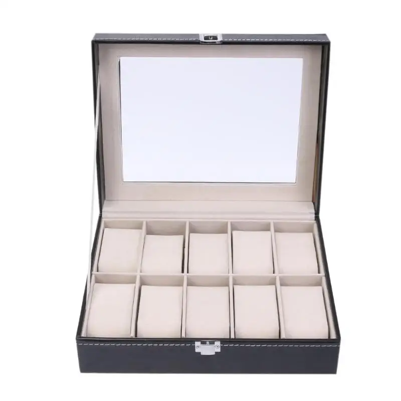 

10 Grids Fashion PU Leather Watch Boxes Storage Organizer Box Luxury Jewelry Ring Display Watch Case Black Display Case Box