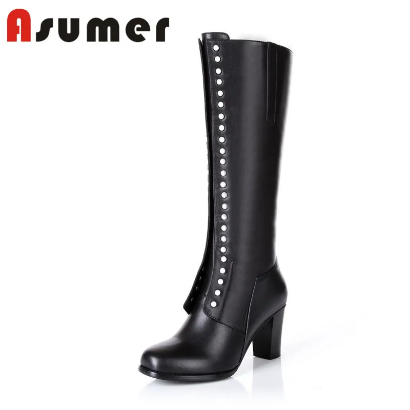 

ASUMER 2020 NEW square toe mid calf boots solid button simple winter boots elegant thick heels women pu+genuine leather boots