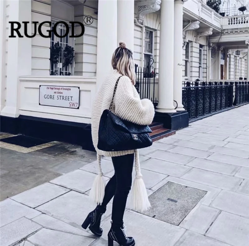 RUGOD, модный кардиган ручной работы с кисточками и поясом, Женский Осенний Свободный вязаный свитер с рукавами-фонариками, кардиганы, вязаное пальто