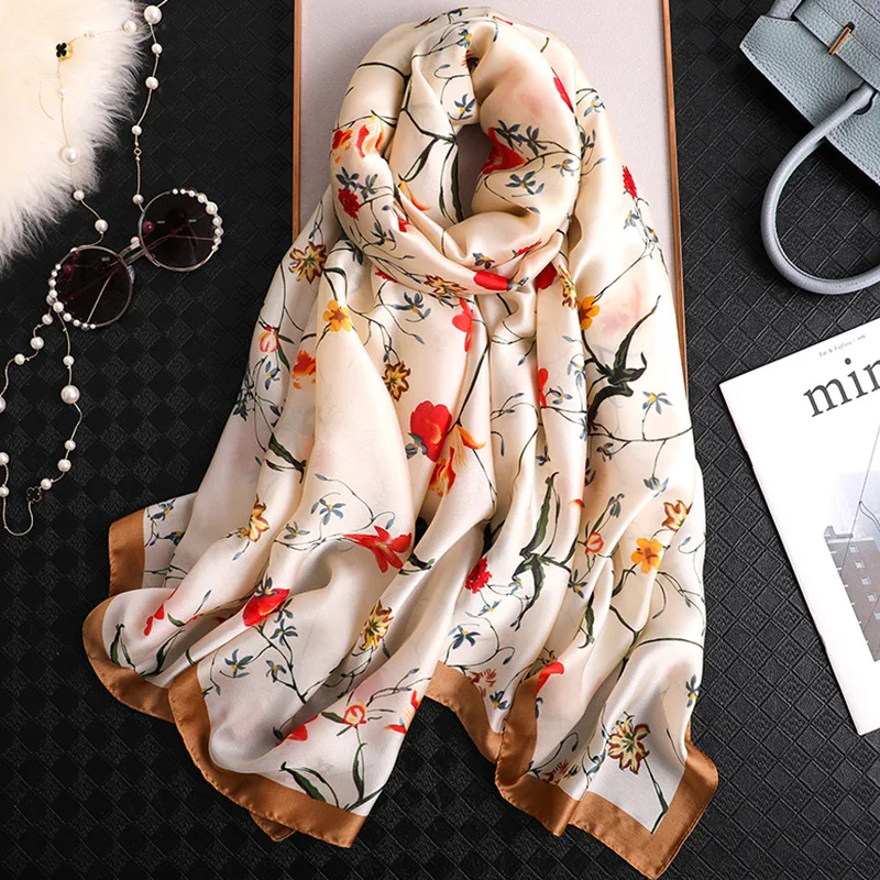 

2019 Women Luxury Silk Scarf Fashion Floral Print Echarpe Smooth Summer Wrap Female Spain Brand Scarves Beach Cover-ups Foulard