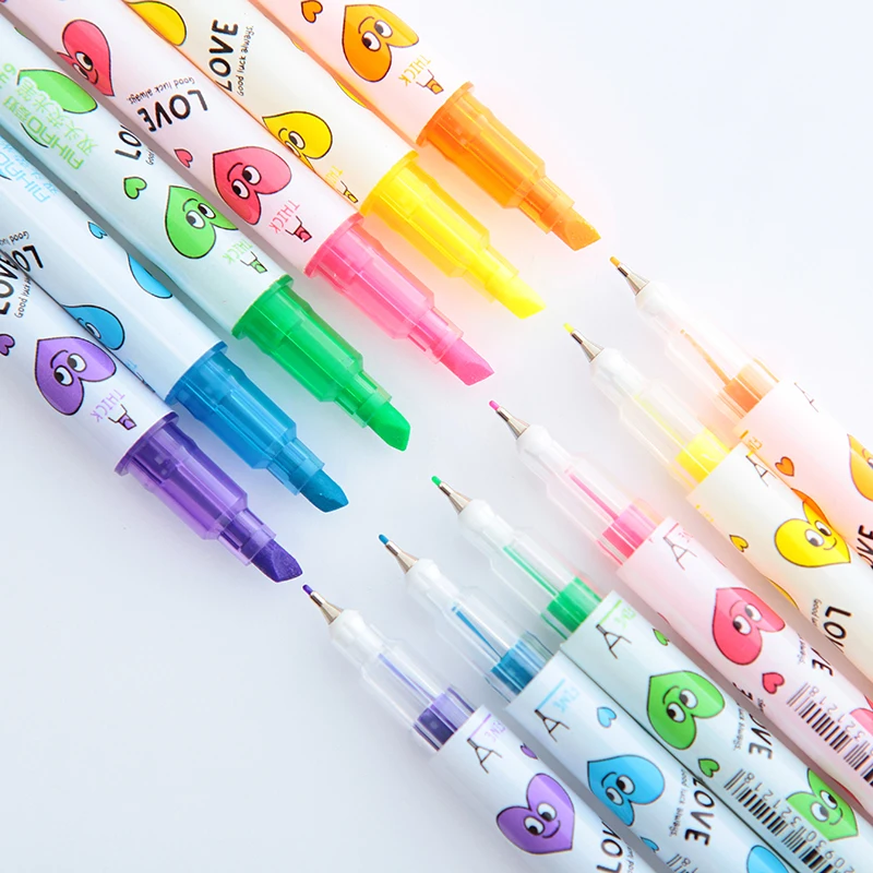 

6 pcs/Lot Good luck Twin side writing Color highlighter pen markers Fine liner fluorescent pens Office School supplies FB688