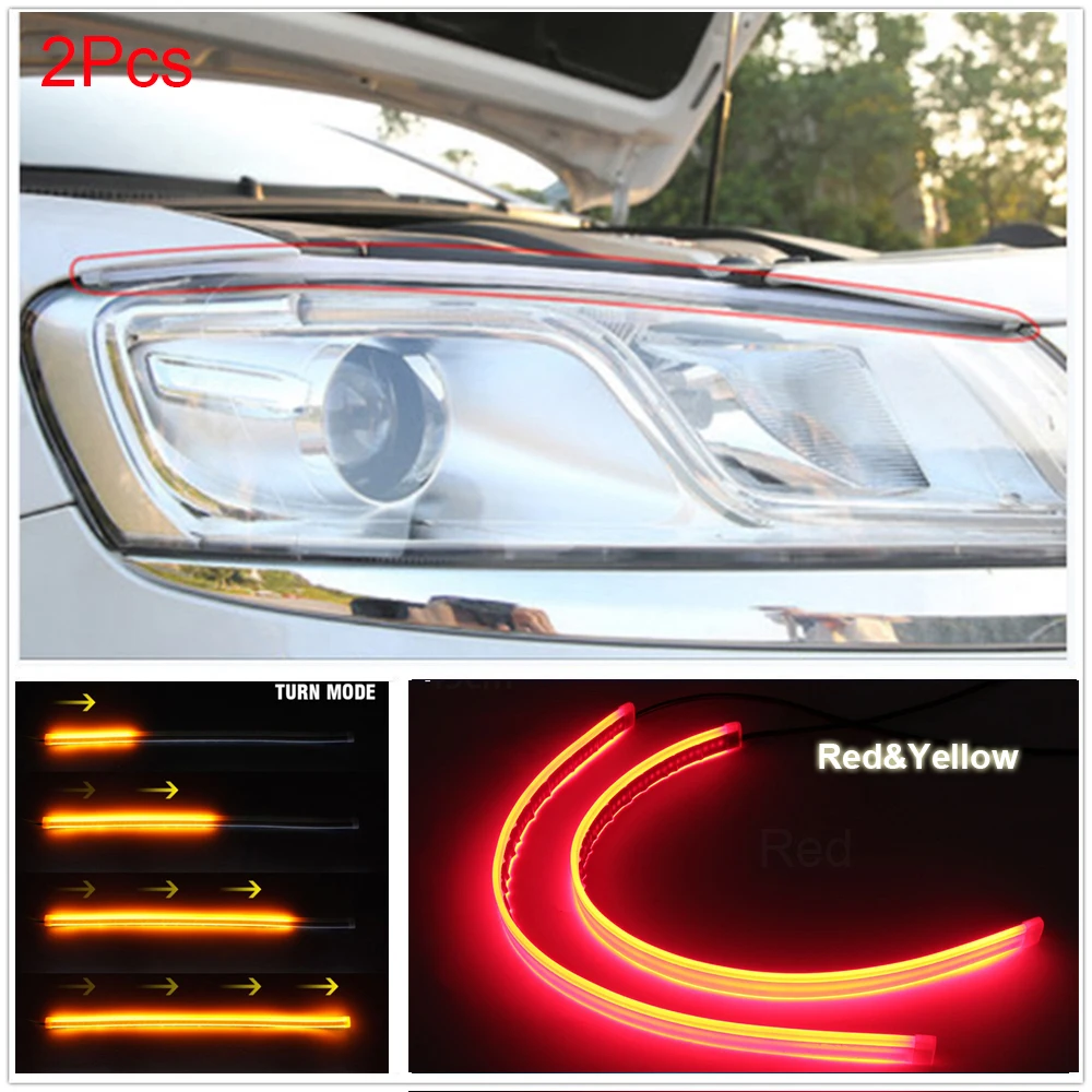 

45cm 60cm Ultra Thin Car Soft Tube LED Strip Daytime Running Light Turn Signal Lamp Red&Yellow Led Lights
