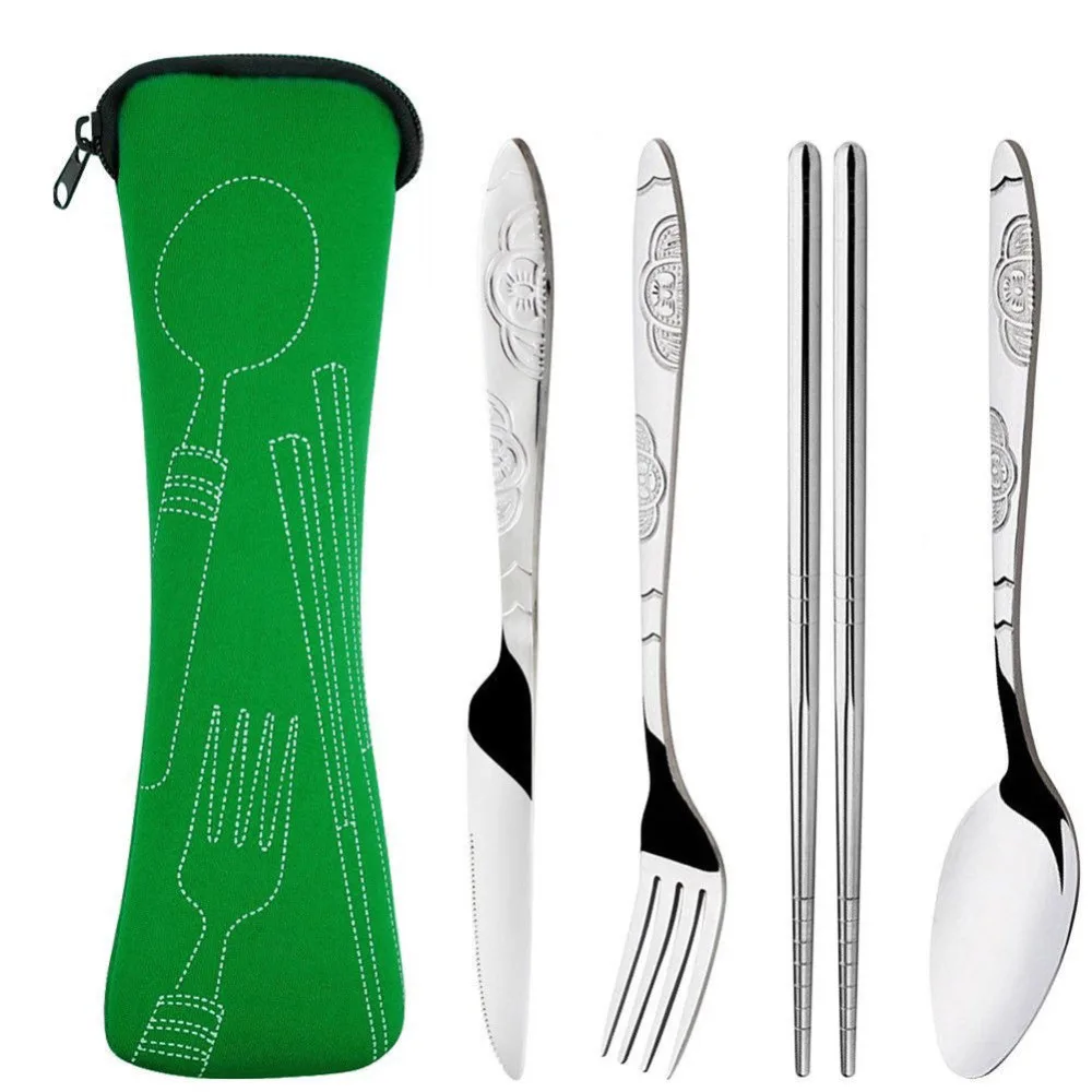 4 unids/set Acero inoxidable tenedor cuchara palillos viaje Camping cubiertos herramientas vajilla B2Cshop JY18