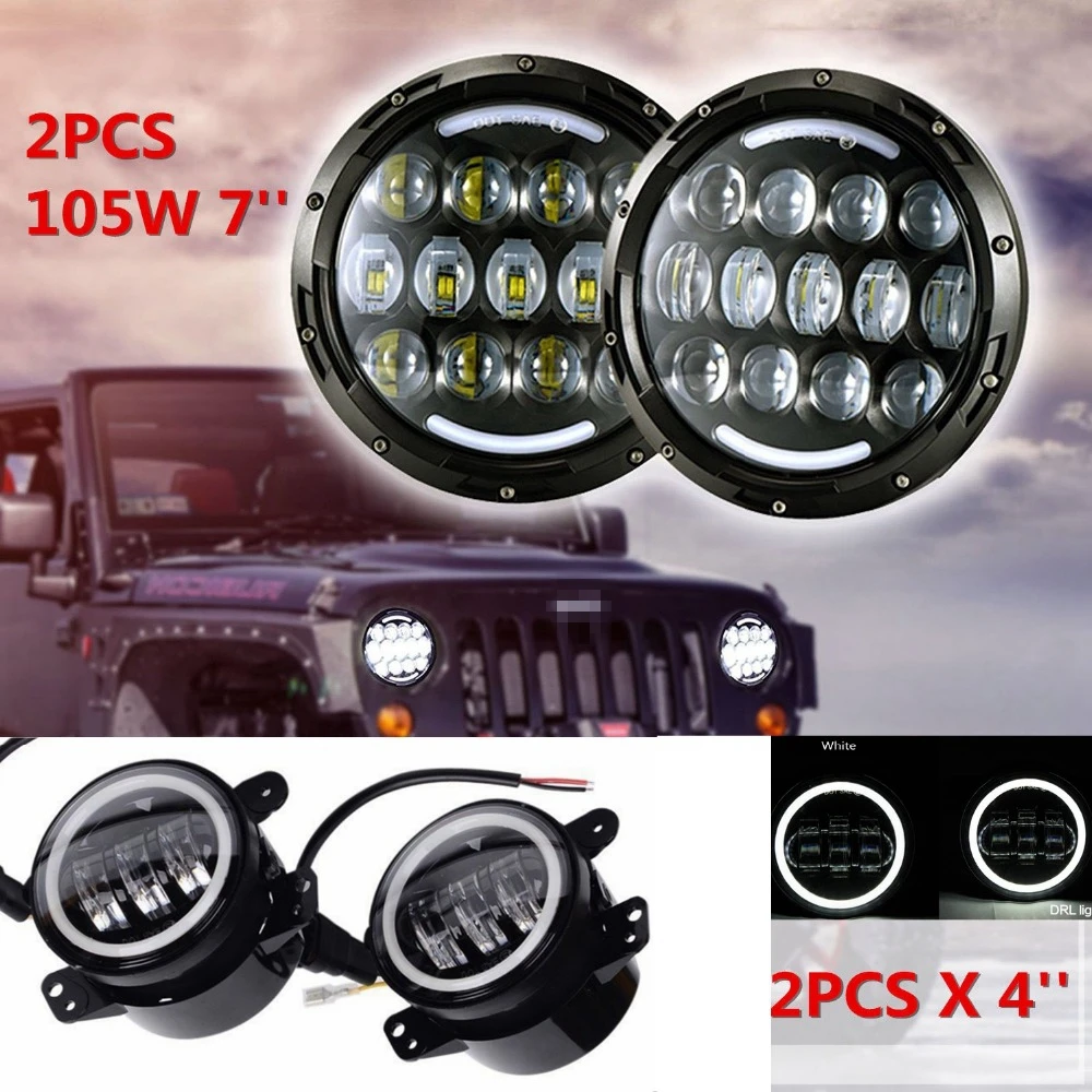 For JEEP Wrangler JK LJ CJ 105W 7"inch LED Headlamp Assembly with Hi/Lo Beam White DRL and Amber
