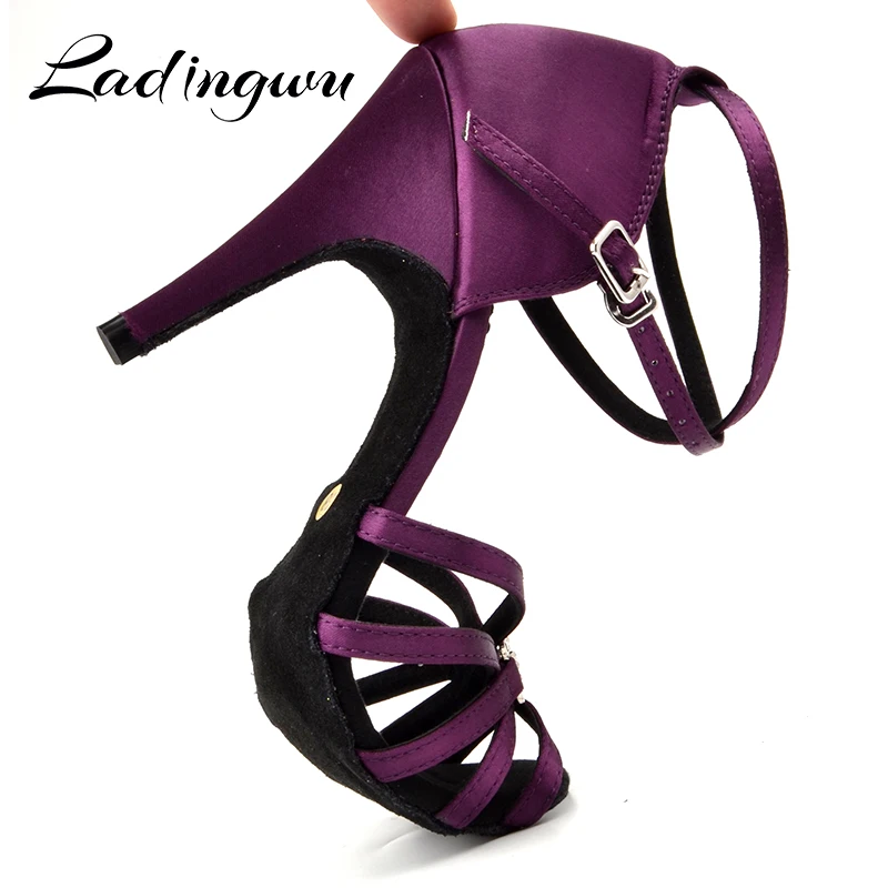 Ladingwu Women's Latin Ballroom Dance Shoes For Girls Purple  Satin and Metal Button Dance Sandals For Dance Shoes Heel 6-10cm