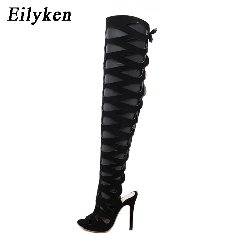 Eilyken/ г. Новые Летние Сапоги выше колена с открытым носком, сандалии ботинки на тонком высоком каблуке с перекрестной шнуровкой, с вырезами, с ремешками, телесного и черного цвета