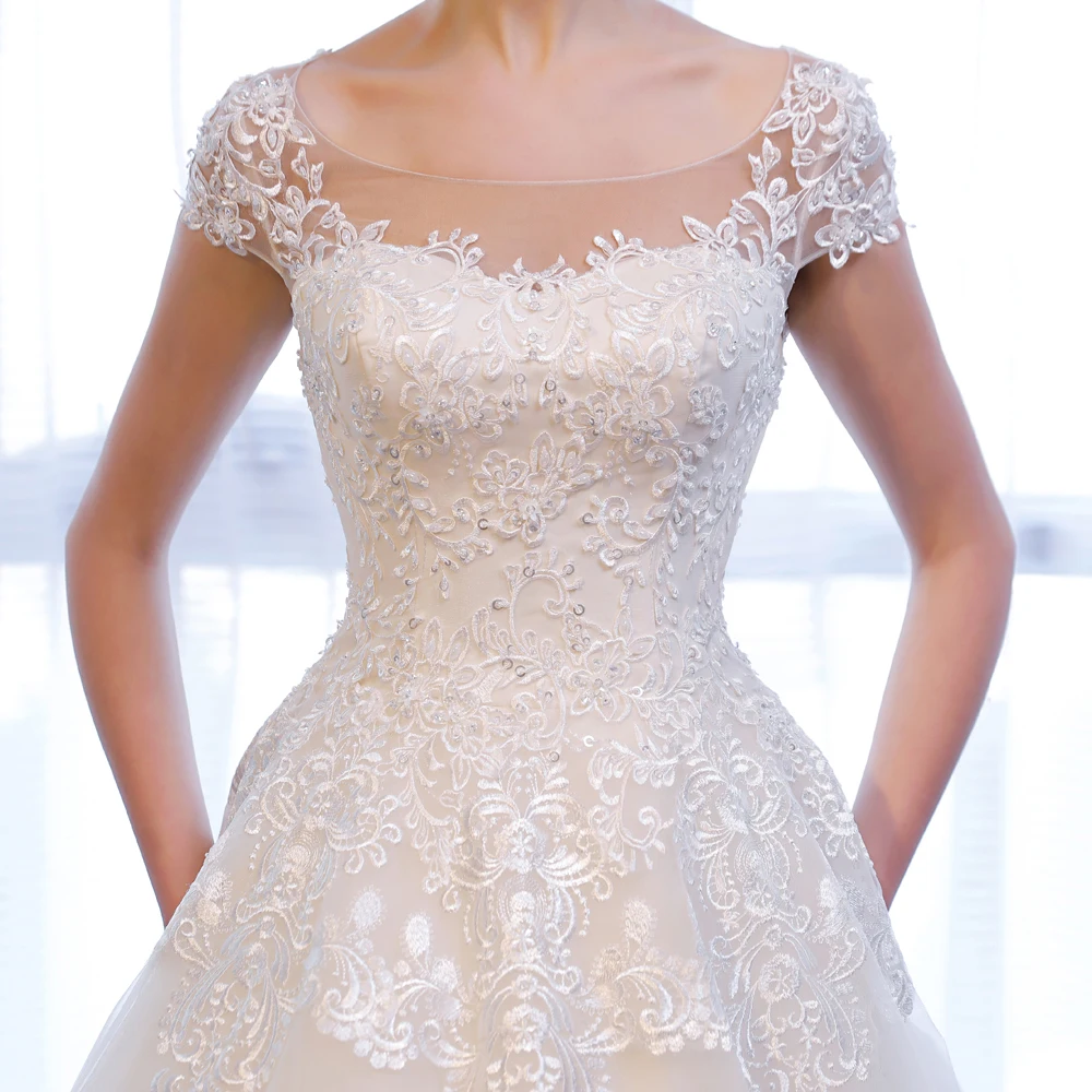 SL-307 Customized Short Sleeve bridal dresses Lace Appliques Beach Vintage SuLi Wedding Dress woman wedding gowns for bride 5