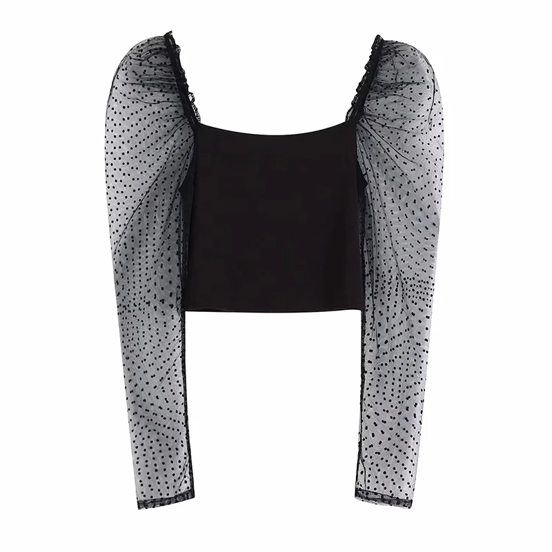 

Women Fashion Knitted Mesh Fluffy Sexy Black Za Tops 2019 Summer Chic Polka Dot Long Sleeve Elastic Short Blouse For Lady Shirts